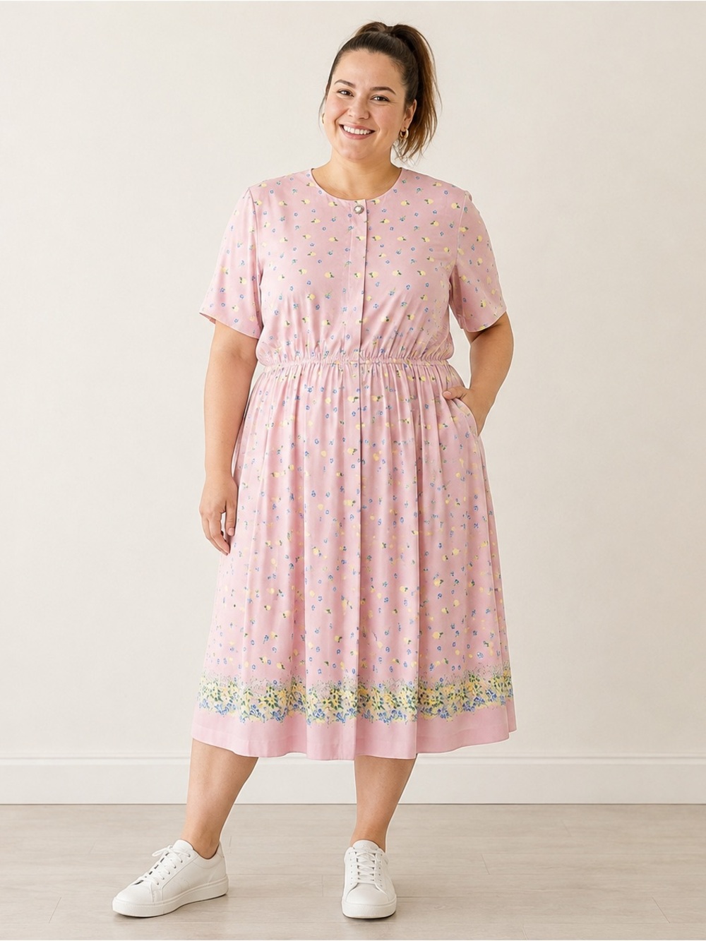 vintage leslie fay rose pink floral midi dress size 14p cottagecore teacher